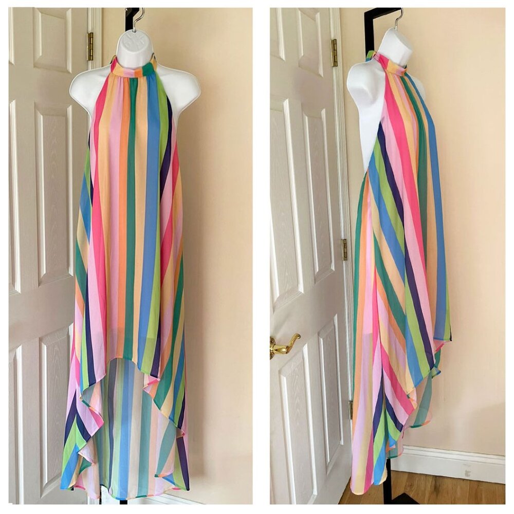 Fantastic Fawn Rainbow Stripe High-low Hem Flowy Chiffon Dress Halter Neck Sz:S